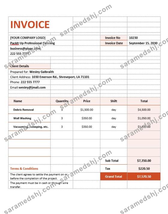 Cleaning Services Contract Agreement Invoice Template